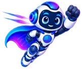 The Engineer mascot: a friendly blue and white robot in a circuit-patterned cape, flying head-first with one fist forward and the cape trailing