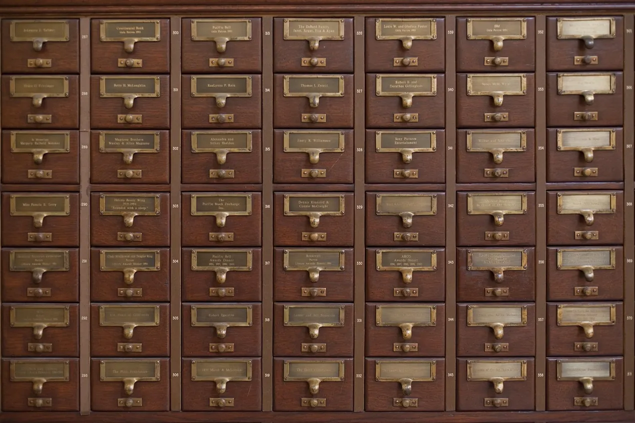 Card catalog, drawers, wood