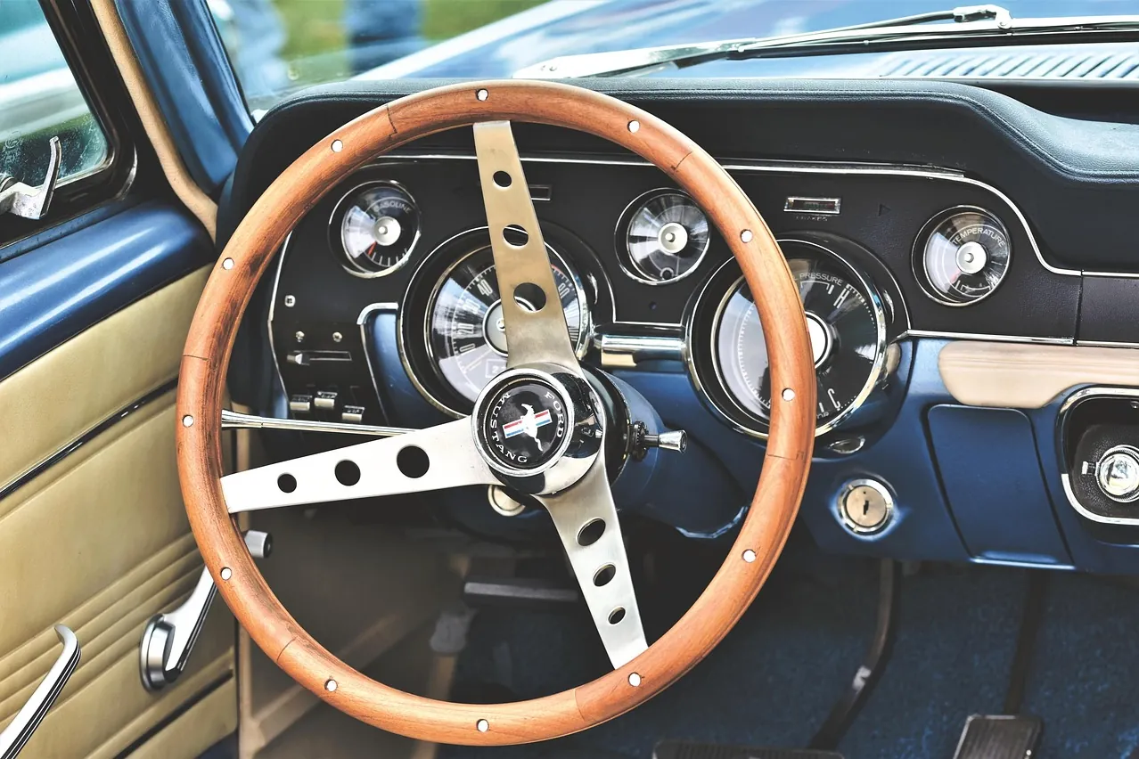 Ford mustang, steering wheel, tachometer