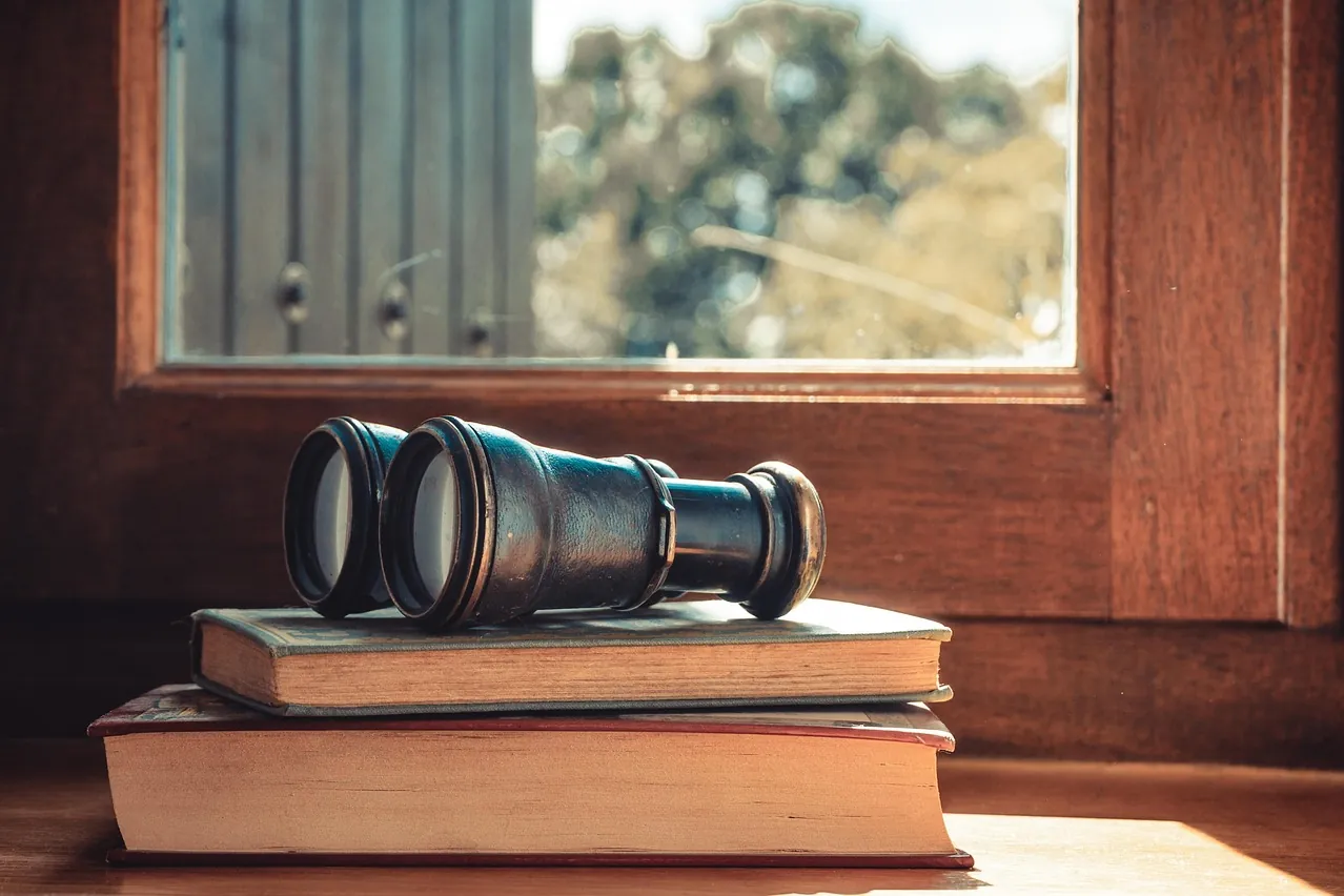 Binoculars, books, window
